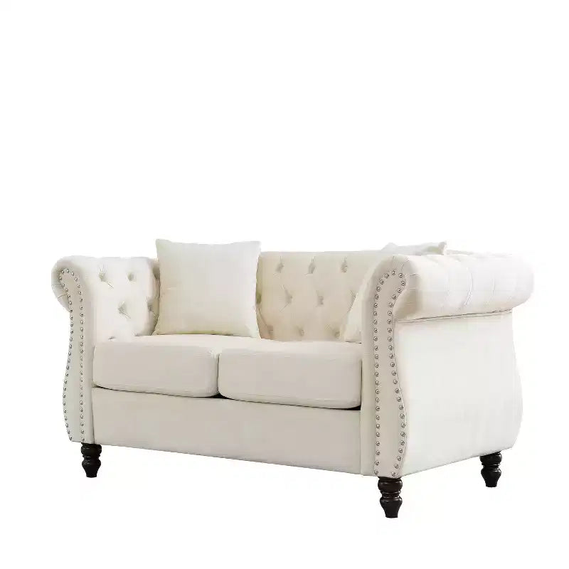 58.8 Chesterfield Sofa Beige Velvet for Living Room, 2 Seater Sofa Tufted Couch with Rolled Arms and Nailhead for Living Room