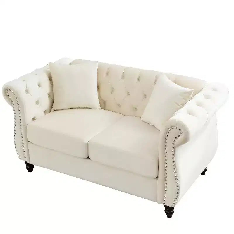 58.8 Chesterfield Sofa Beige Velvet for Living Room, 2 Seater Sofa Tufted Couch with Rolled Arms and Nailhead for Living Room