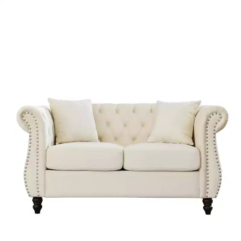 58.8 Chesterfield Sofa Beige Velvet for Living Room, 2 Seater Sofa Tufted Couch with Rolled Arms and Nailhead for Living Room