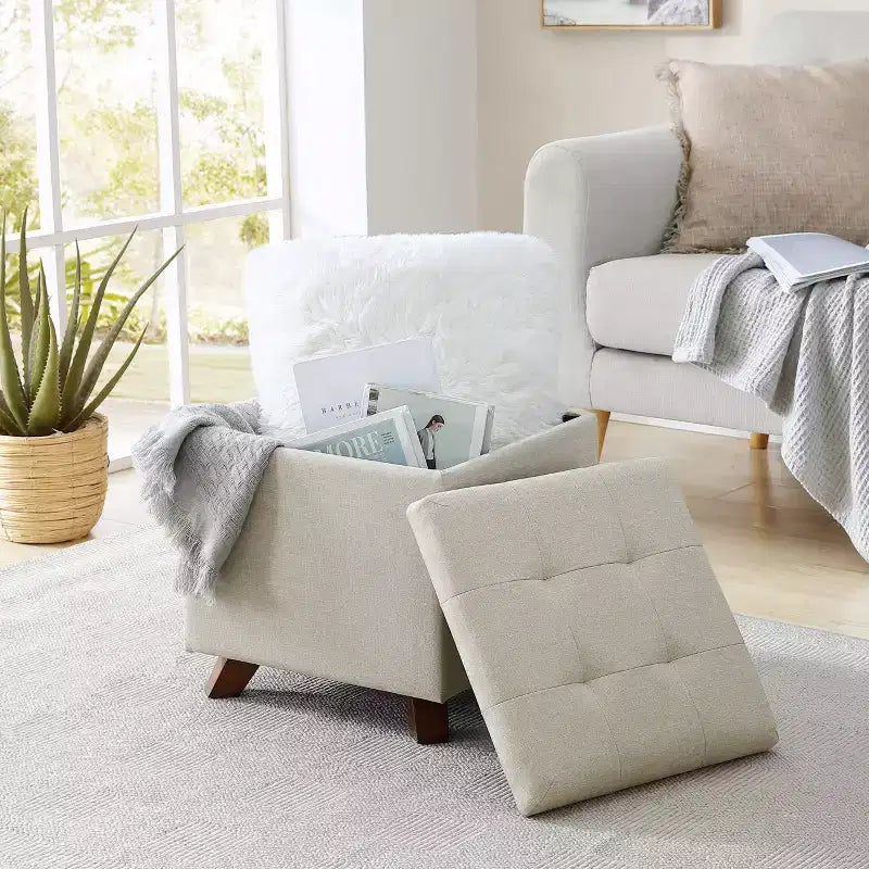 Ornavo Home Linen Tufted Square Storage Ottoman - 15 Inch