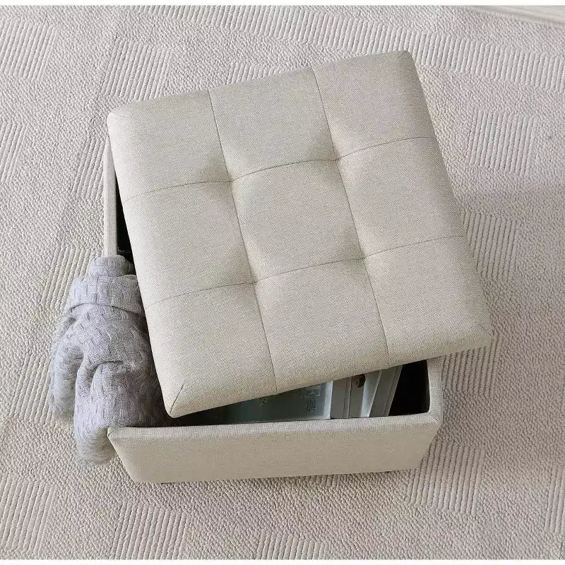 Ornavo Home Linen Tufted Square Storage Ottoman - 15 Inch