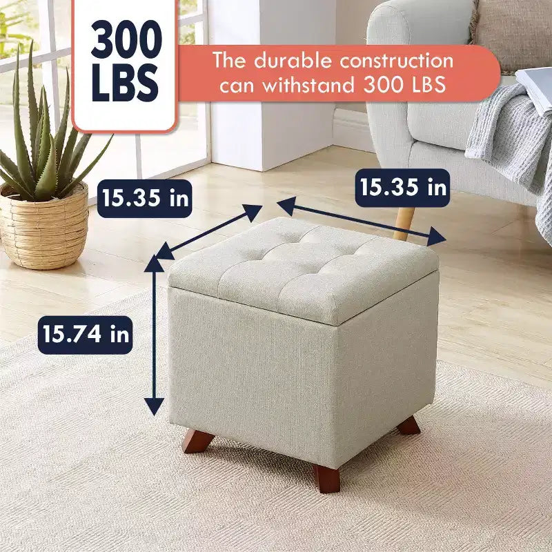Ornavo Home Linen Tufted Square Storage Ottoman - 15 Inch