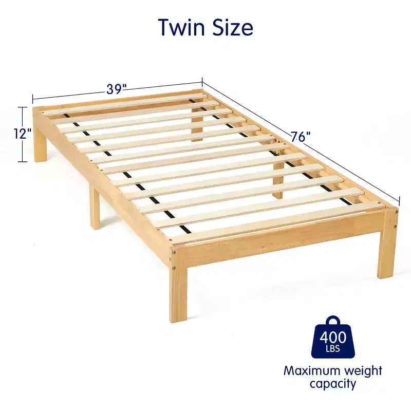 Solid Wood Platform Bed Frame with Wooden Slat Support, Wood color