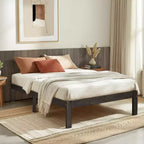 Solid Wood Platform Bed Frame with Wooden Slat Support, Dark Grey