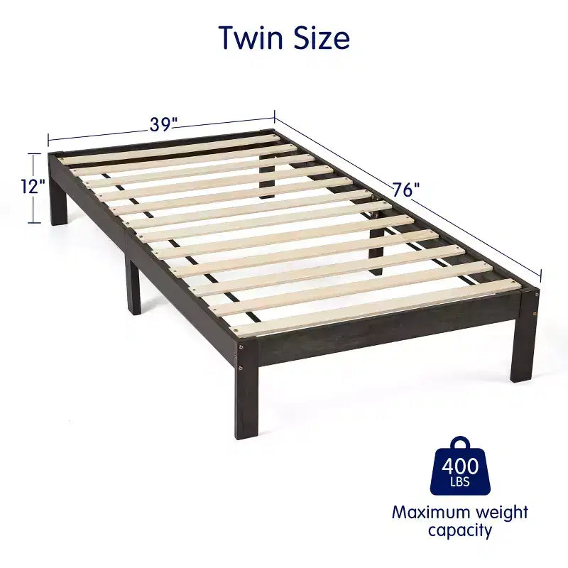 Solid Wood Platform Bed Frame with Wooden Slat Support, Dark Grey