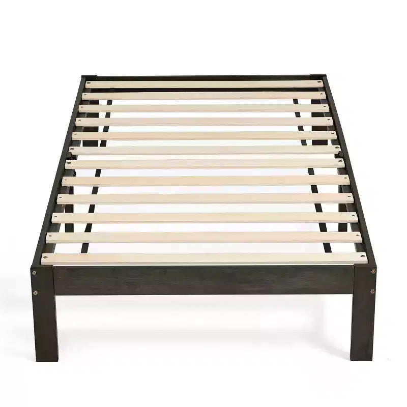 Solid Wood Platform Bed Frame with Wooden Slat Support, Dark Grey