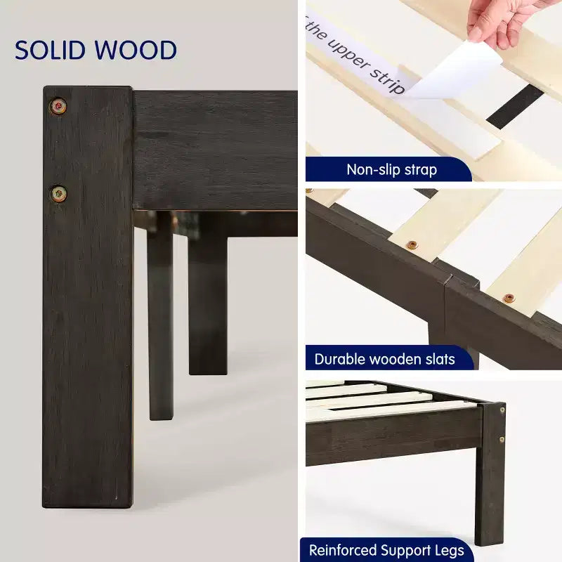 Solid Wood Platform Bed Frame with Wooden Slat Support, Dark Grey