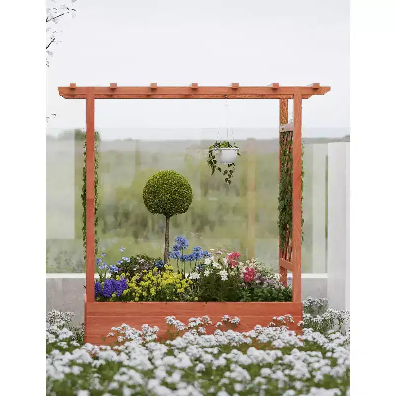 Raised Garden Bed With Trellis, Wood Planter Box With Side Trellis, Hanging Roof, and Drainage Holes, for Climbing Plants, Vines, Flowers
