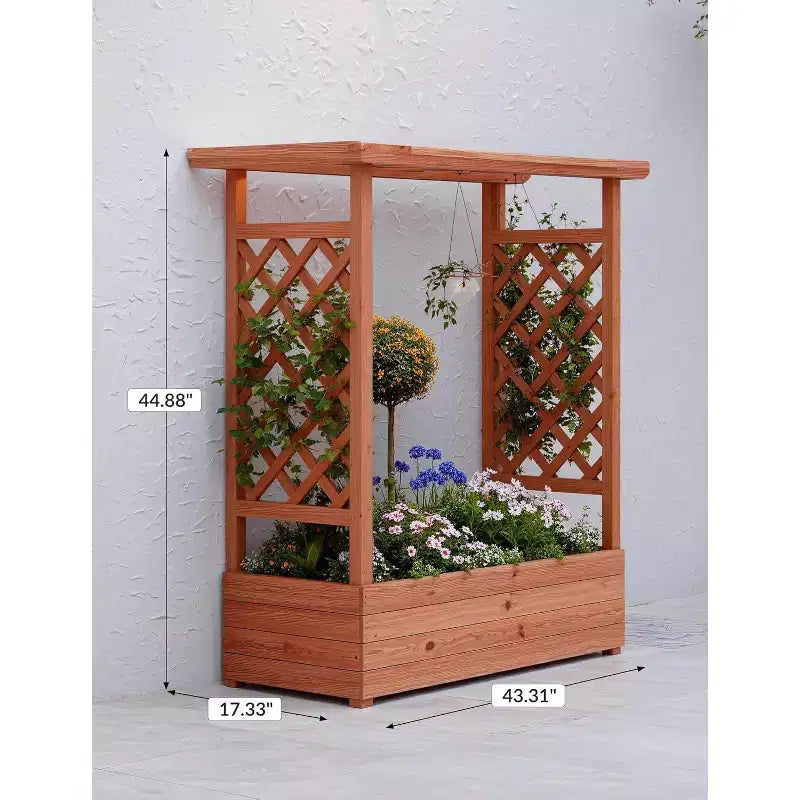 Raised Garden Bed With Trellis, Wood Planter Box With Side Trellis, Hanging Roof, and Drainage Holes, for Climbing Plants, Vines, Flowers