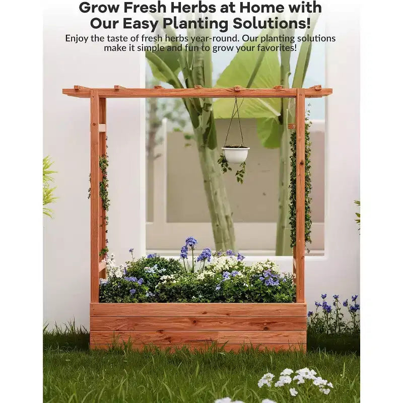 Raised Garden Bed With Trellis, Wood Planter Box With Side Trellis, Hanging Roof, and Drainage Holes, for Climbing Plants, Vines, Flowers