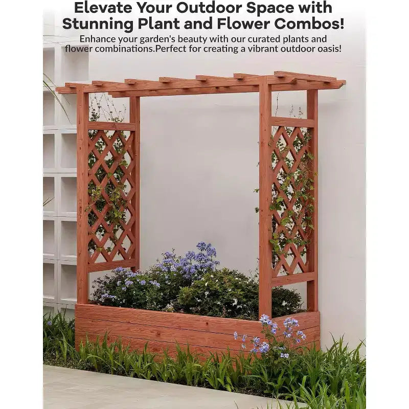 Raised Garden Bed With Trellis, Wood Planter Box With Side Trellis, Hanging Roof, and Drainage Holes, for Climbing Plants, Vines, Flowers