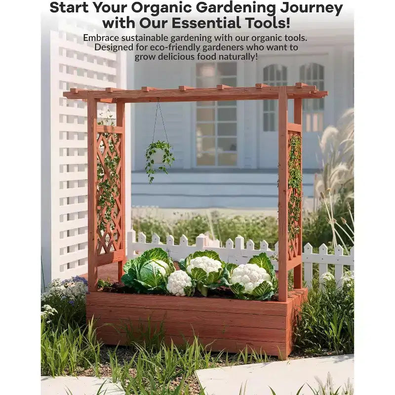Raised Garden Bed With Trellis, Wood Planter Box With Side Trellis, Hanging Roof, and Drainage Holes, for Climbing Plants, Vines, Flowers