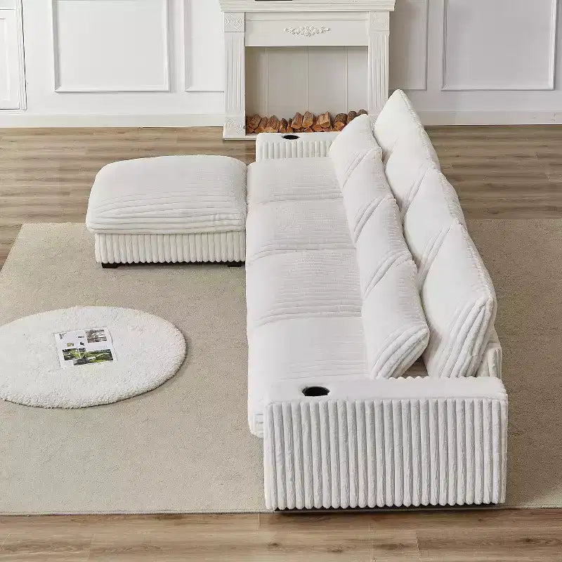126-inch Corduroy with Cup Holder Super Large L-Shaped Sofa, Movable Footrest