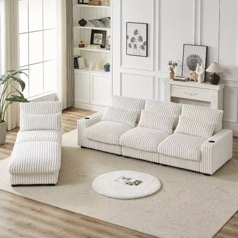 126-inch Corduroy with Cup Holder Super Large L-Shaped Sofa, Movable Footrest