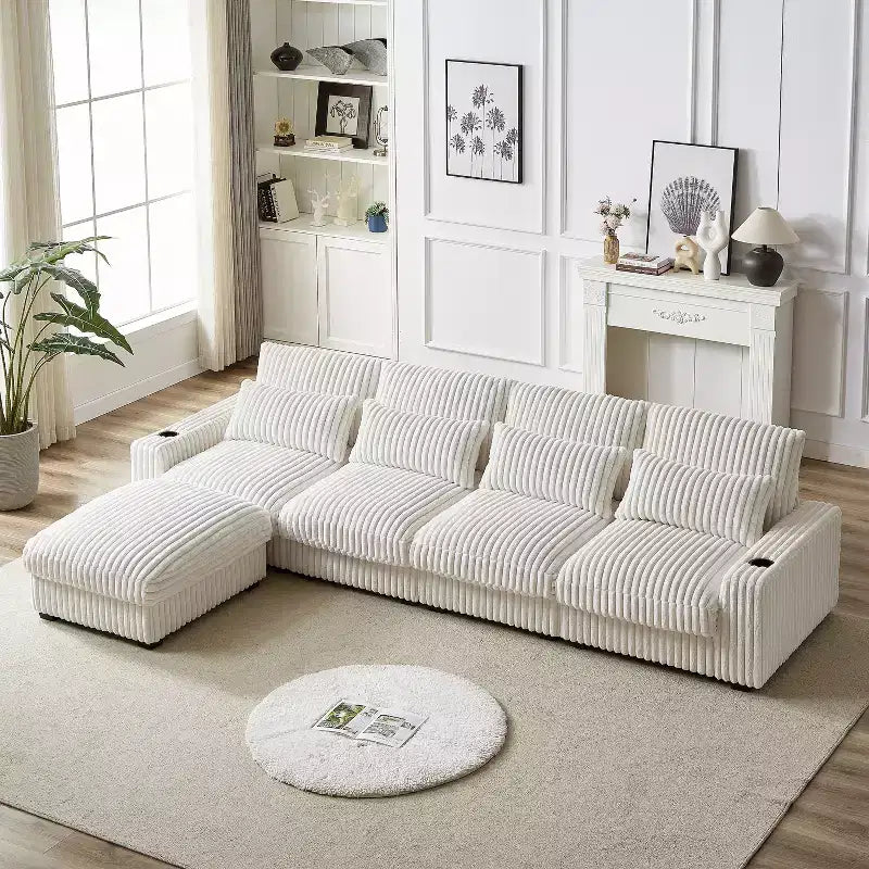 126-inch Corduroy with Cup Holder Super Large L-Shaped Sofa, Movable Footrest