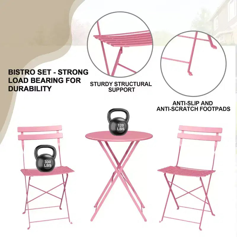3-Piece Folding Bistro Set,Foldable Patio Furniture Set with Premium Frame, Outdoor Bistro Table and Chairs Set of 2 for Patio,Garden and Balcony