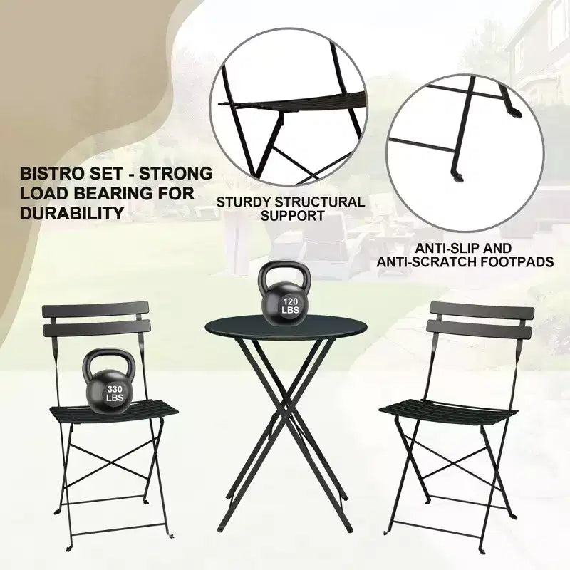3-Piece Folding Bistro Set,Foldable Patio Furniture Set with Premium Frame, Outdoor Bistro Table and Chairs Set of 2 for Patio,Garden and Balcony