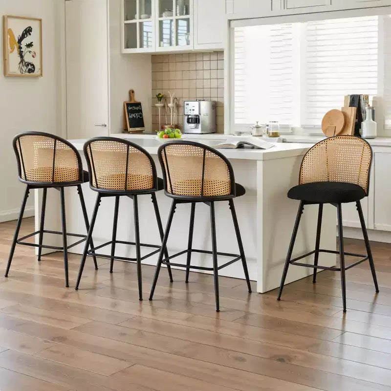 Bekrvio 26 Mid-Century Modern Swivel Bar Stools Set of 2/3/4, Boucle Upholstered Bar Chairs with Rattan Back & Metal Legs for Kitchen Counter
