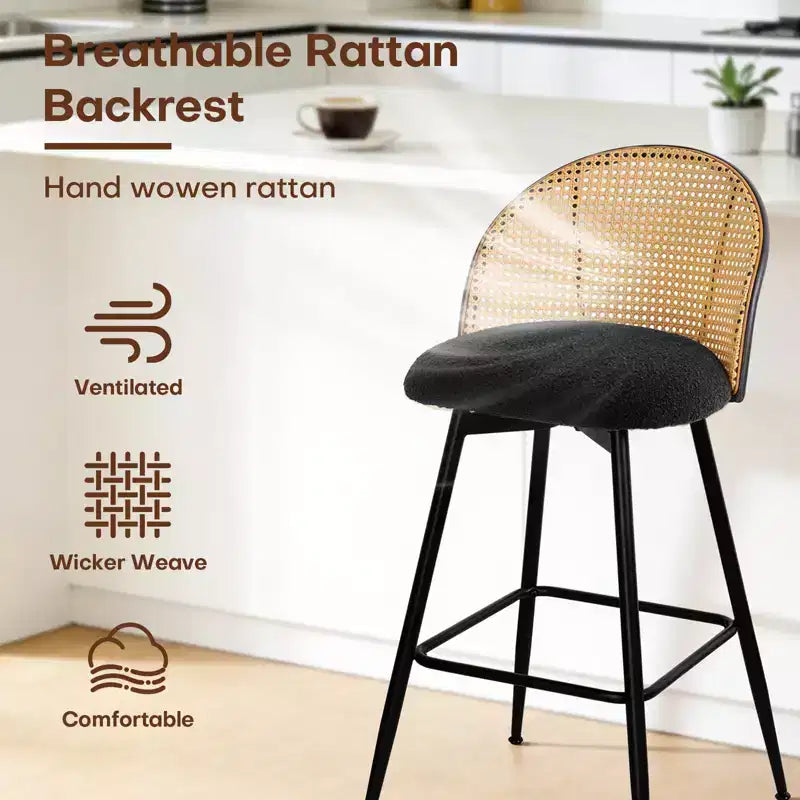 Bekrvio 26 Mid-Century Modern Swivel Bar Stools Set of 2/3/4, Boucle Upholstered Bar Chairs with Rattan Back & Metal Legs for Kitchen Counter