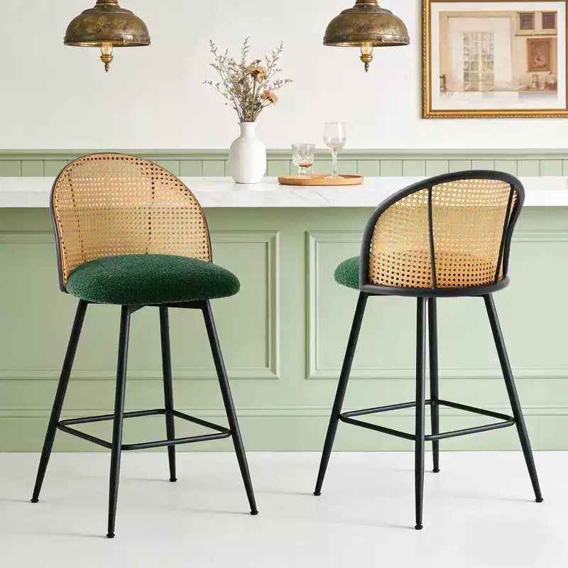 Bekrvio 26 Mid-Century Modern Swivel Bar Stools Set of 2/3/4, Boucle Upholstered Bar Chairs with Rattan Back & Metal Legs for Kitchen Counter