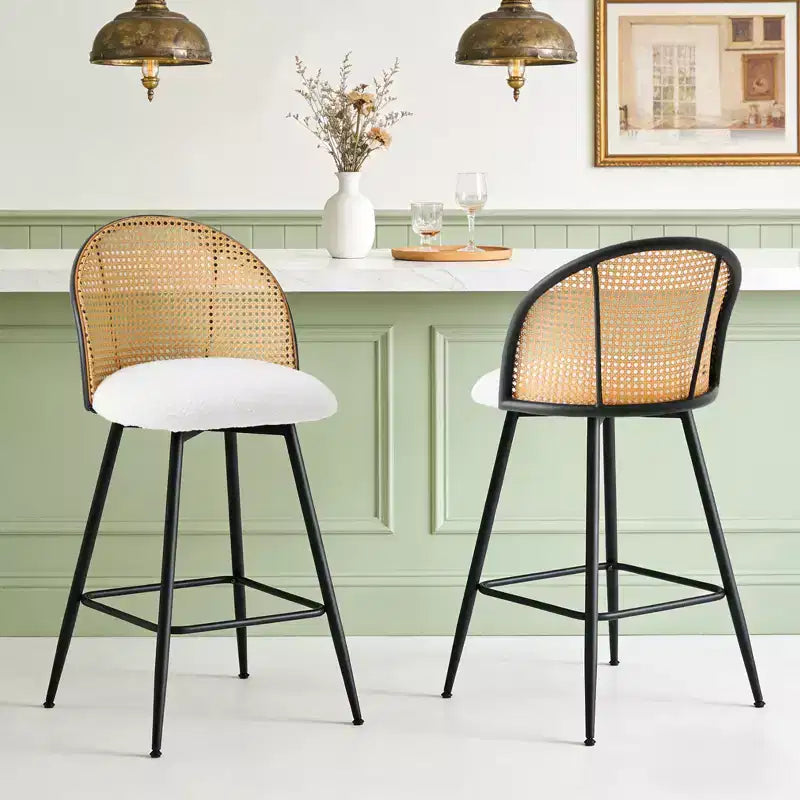 Bekrvio 26 Mid-Century Modern Swivel Bar Stools Set of 2/3/4, Boucle Upholstered Bar Chairs with Rattan Back & Metal Legs for Kitchen Counter