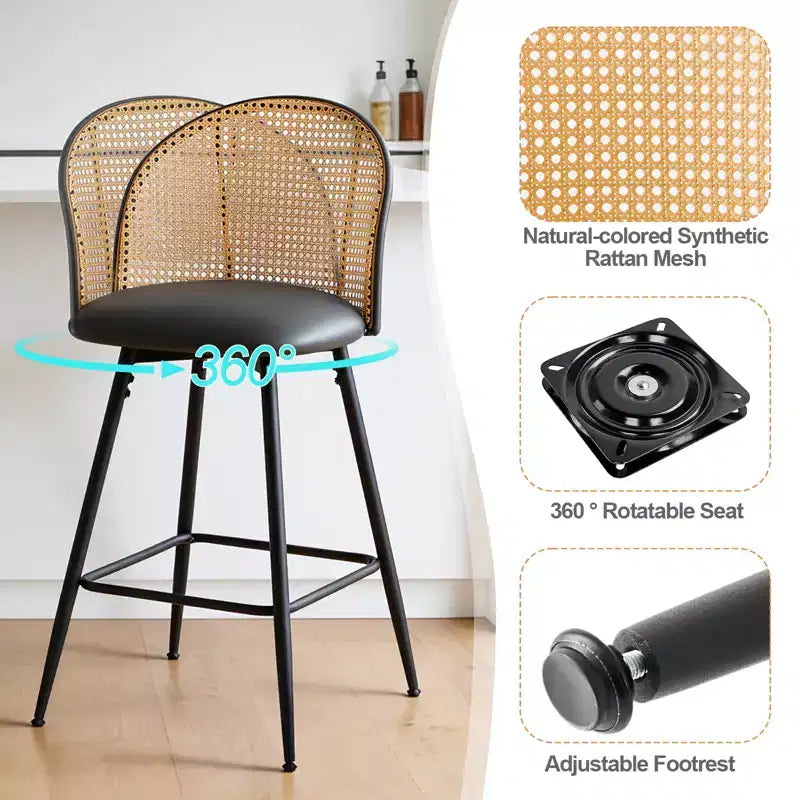 Bekrvio 26 Mid-Century Modern Swivel Bar Stools Set of 2/3/4, Faux Leather Upholstered Bar Chairs with Rattan Back & Metal Legs for Kitchen Counter