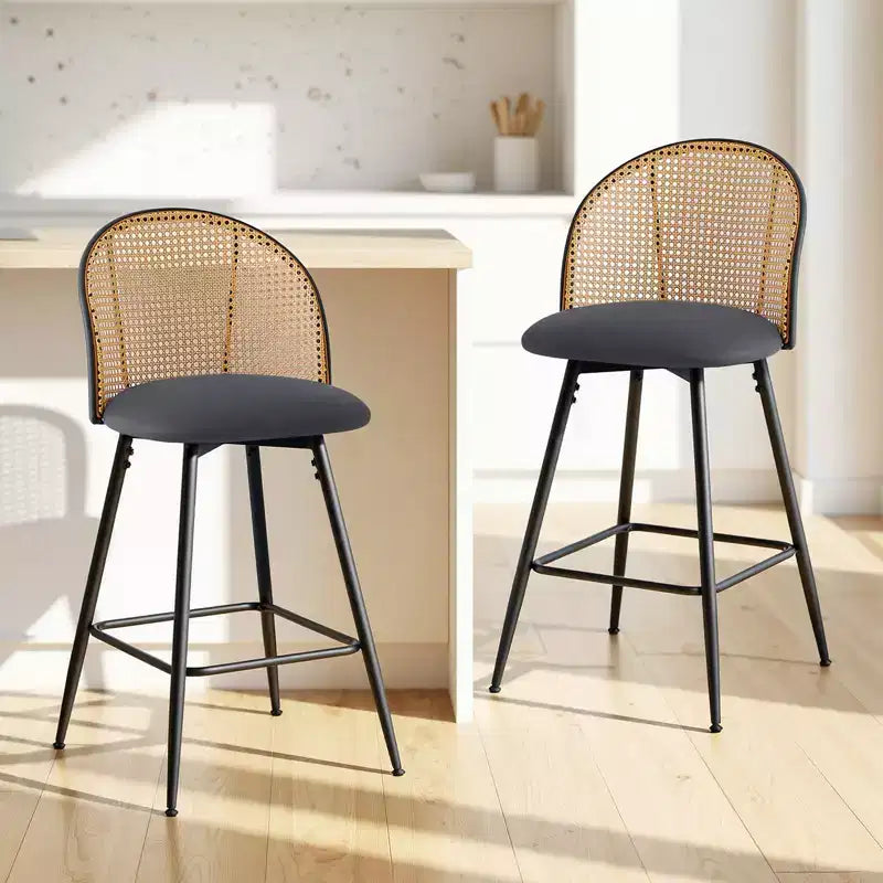 Bekrvio 26 Mid-Century Modern Swivel Bar Stools Set of 2/3/4, Faux Leather Upholstered Bar Chairs with Rattan Back & Metal Legs for Kitchen Counter