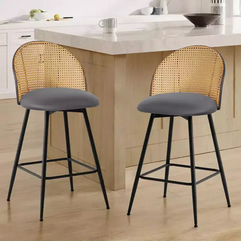 Bekrvio 26 Mid-Century Modern Swivel Bar Stools Set of 2/3/4, Faux Leather Upholstered Bar Chairs with Rattan Back & Metal Legs for Kitchen Counter