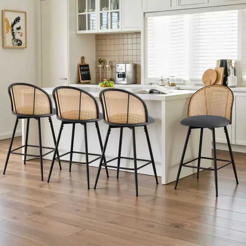 Bekrvio 26 Mid-Century Modern Swivel Bar Stools Set of 2/3/4, Faux Leather Upholstered Bar Chairs with Rattan Back & Metal Legs for Kitchen Counter