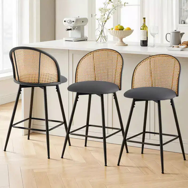 Bekrvio 26 Mid-Century Modern Swivel Bar Stools Set of 2/3/4, Faux Leather Upholstered Bar Chairs with Rattan Back & Metal Legs for Kitchen Counter