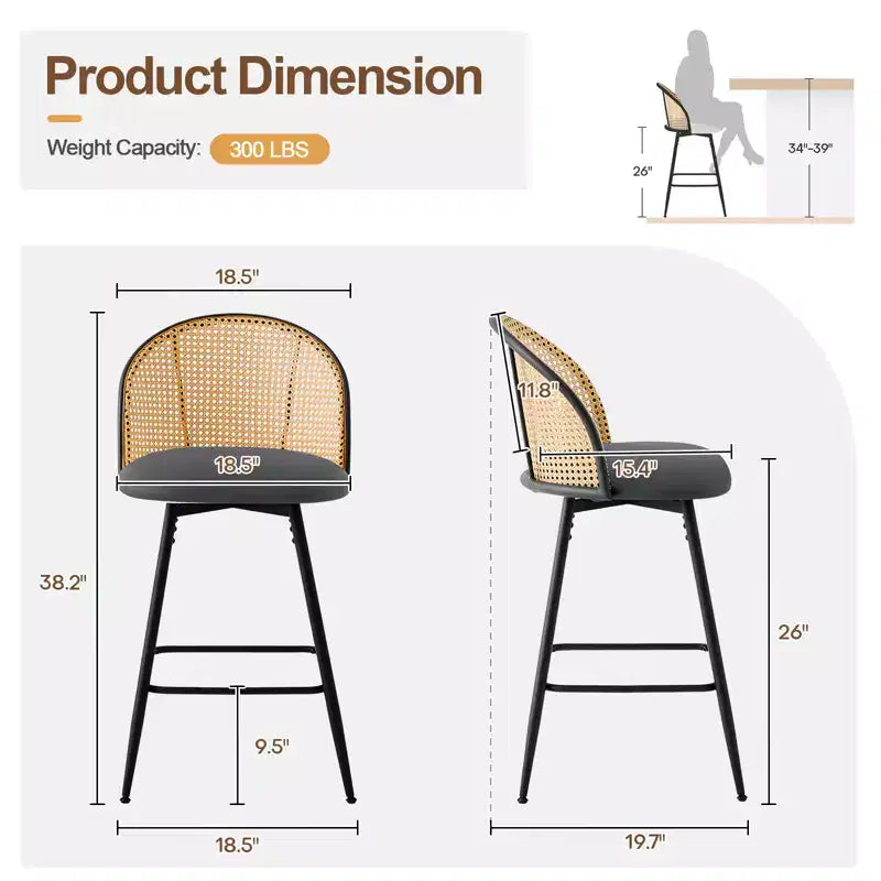 Bekrvio 26 Mid-Century Modern Swivel Bar Stools Set of 2/3/4, Faux Leather Upholstered Bar Chairs with Rattan Back & Metal Legs for Kitchen Counter