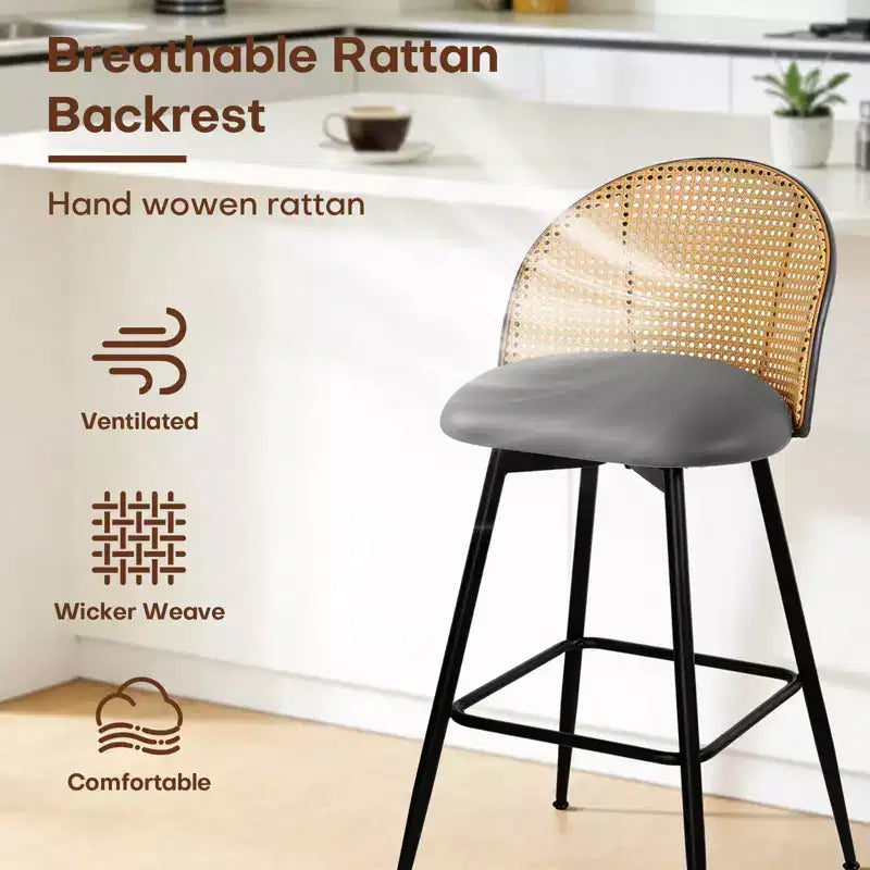 Bekrvio 26 Mid-Century Modern Swivel Bar Stools Set of 2/3/4, Faux Leather Upholstered Bar Chairs with Rattan Back & Metal Legs for Kitchen Counter