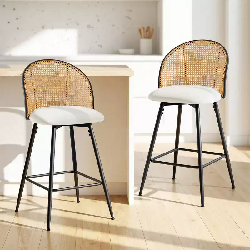 Bekrvio 26 Mid-Century Modern Swivel Bar Stools Set of 2/3/4, Faux Leather Upholstered Bar Chairs with Rattan Back & Metal Legs for Kitchen Counter