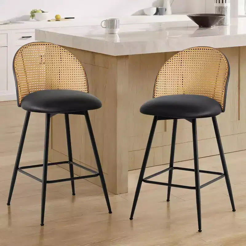 Bekrvio 26 Mid-Century Modern Swivel Bar Stools Set of 2/3/4, Faux Leather Upholstered Bar Chairs with Rattan Back & Metal Legs for Kitchen Counter