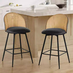 Bekrvio 26 Mid-Century Modern Swivel Bar Stools Set of 2/3/4, Faux Leather Upholstered Bar Chairs with Rattan Back & Metal Legs for Kitchen Counter