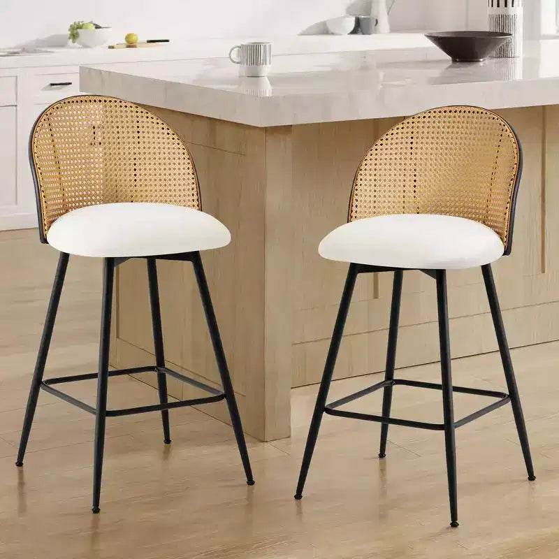 Bekrvio 26 Mid-Century Modern Swivel Bar Stools Set of 2/3/4, Faux Leather Upholstered Bar Chairs with Rattan Back & Metal Legs for Kitchen Counter
