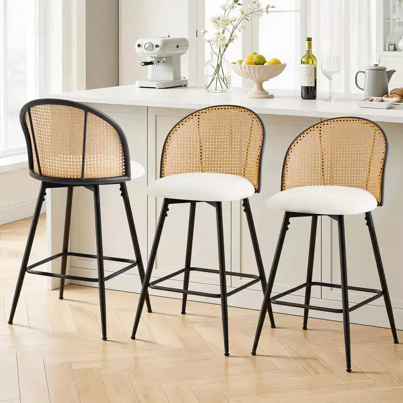 Bekrvio 26 Mid-Century Modern Swivel Bar Stools Set of 2/3/4, Faux Leather Upholstered Bar Chairs with Rattan Back & Metal Legs for Kitchen Counter