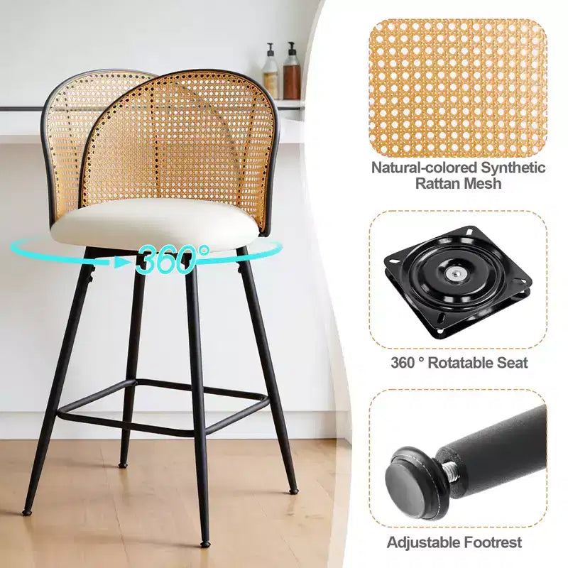 Bekrvio 26 Mid-Century Modern Swivel Bar Stools Set of 2/3/4, Faux Leather Upholstered Bar Chairs with Rattan Back & Metal Legs for Kitchen Counter