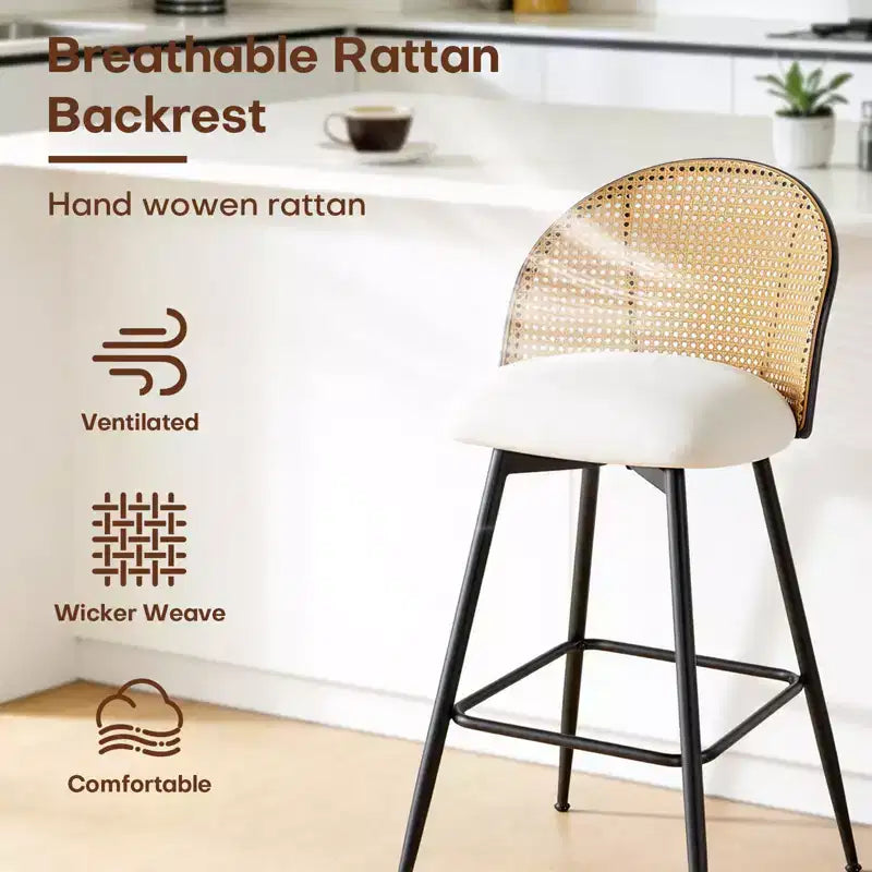 Bekrvio 26 Mid-Century Modern Swivel Bar Stools Set of 2/3/4, Faux Leather Upholstered Bar Chairs with Rattan Back & Metal Legs for Kitchen Counter