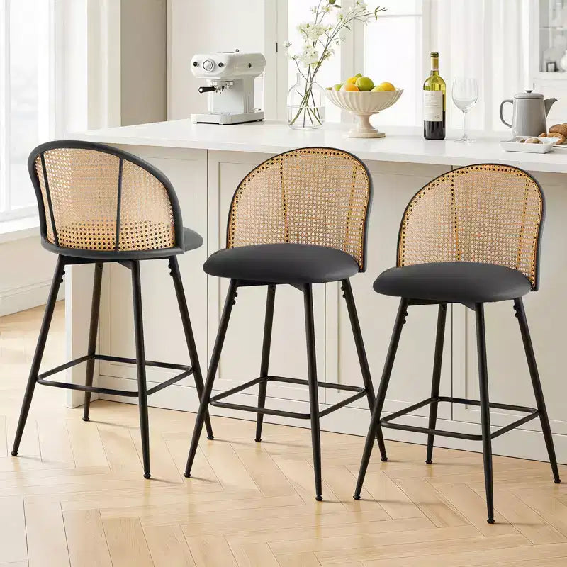 Bekrvio 26 Mid-Century Modern Swivel Bar Stools Set of 2/3/4, Faux Leather Upholstered Bar Chairs with Rattan Back & Metal Legs for Kitchen Counter