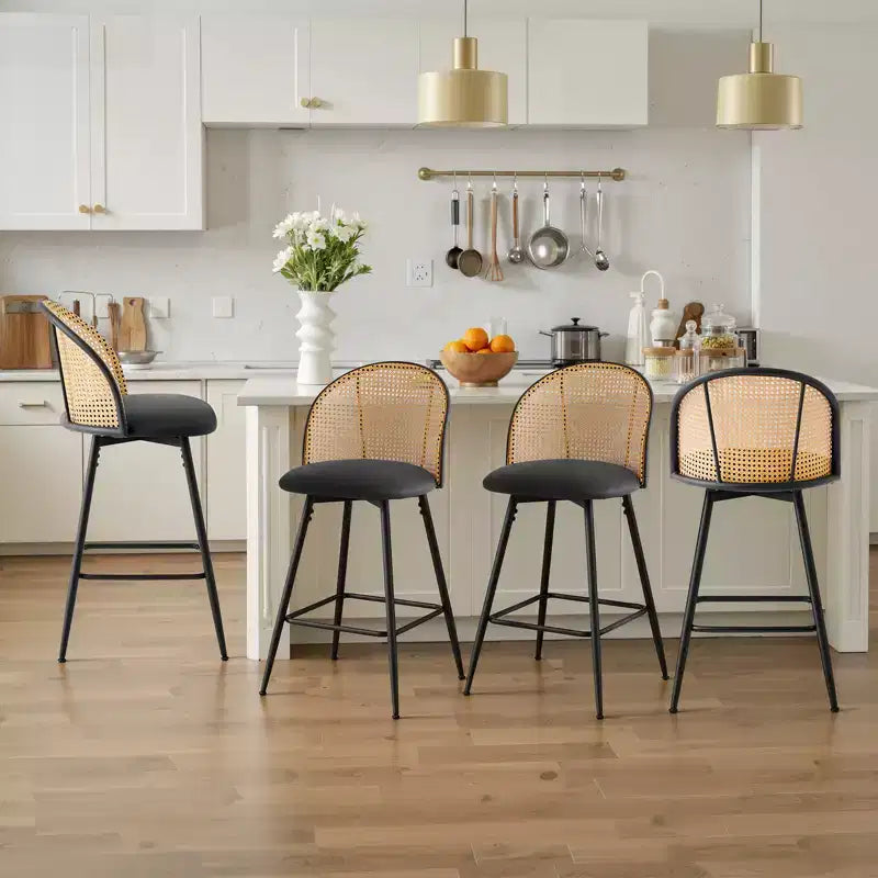 Bekrvio 26 Mid-Century Modern Swivel Bar Stools Set of 2/3/4, Faux Leather Upholstered Bar Chairs with Rattan Back & Metal Legs for Kitchen Counter