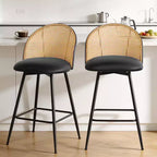 Bekrvio 26 Mid-Century Modern Swivel Bar Stools Set of 2/3/4, Faux Leather Upholstered Bar Chairs with Rattan Back & Metal Legs for Kitchen Counter