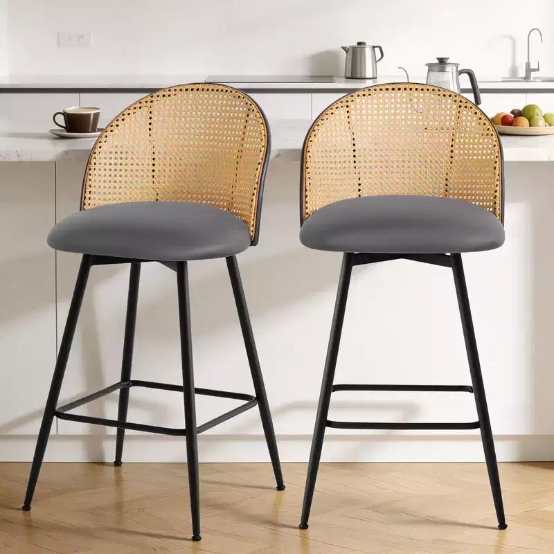 Bekrvio 26 Mid-Century Modern Swivel Bar Stools Set of 2/3/4, Faux Leather Upholstered Bar Chairs with Rattan Back & Metal Legs for Kitchen Counter
