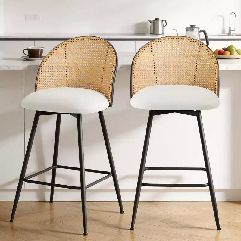 Bekrvio 26 Mid-Century Modern Swivel Bar Stools Set of 2/3/4, Faux Leather Upholstered Bar Chairs with Rattan Back & Metal Legs for Kitchen Counter