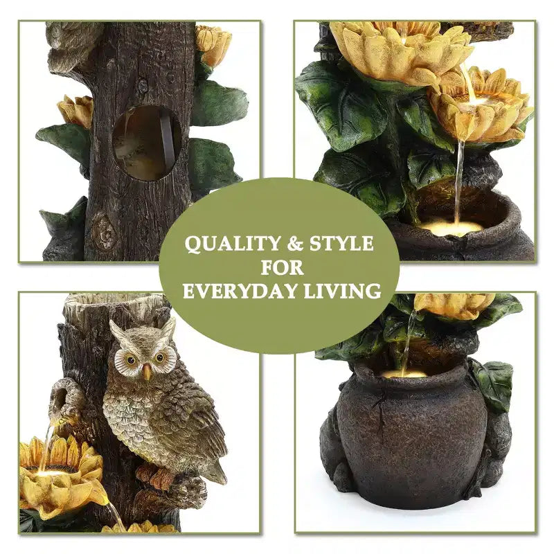 LuxenHome 28 Inch Outdoor Water Fountain, Owl and Sunflower Cascading Waterfall Fountain Outdoor and Indoor with LED Lights Brown