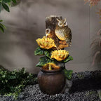 LuxenHome 28 Inch Outdoor Water Fountain, Owl and Sunflower Cascading Waterfall Fountain Outdoor and Indoor with LED Lights Brown