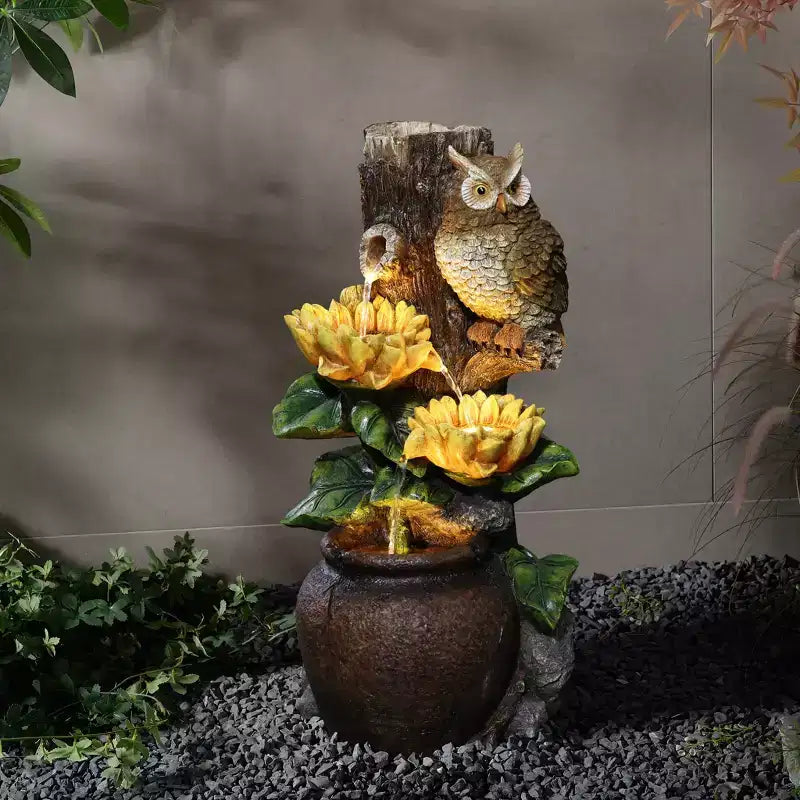 LuxenHome 28 Inch Outdoor Water Fountain, Owl and Sunflower Cascading Waterfall Fountain Outdoor and Indoor with LED Lights Brown