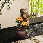 LuxenHome 28 Inch Outdoor Water Fountain, Owl and Sunflower Cascading Waterfall Fountain Outdoor and Indoor with LED Lights Brown