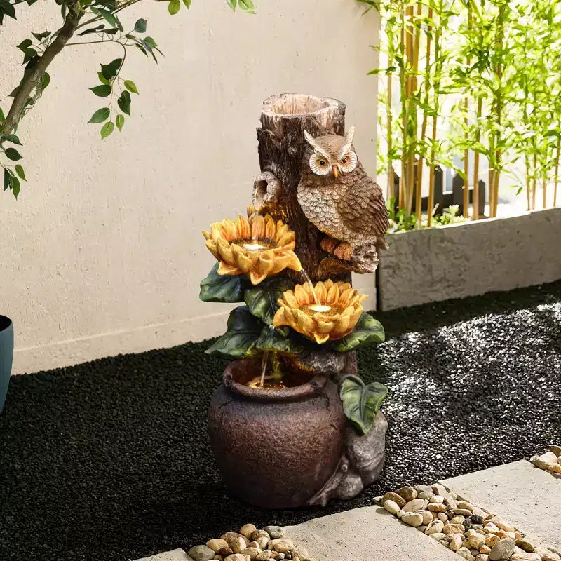 LuxenHome 28 Inch Outdoor Water Fountain, Owl and Sunflower Cascading Waterfall Fountain Outdoor and Indoor with LED Lights Brown