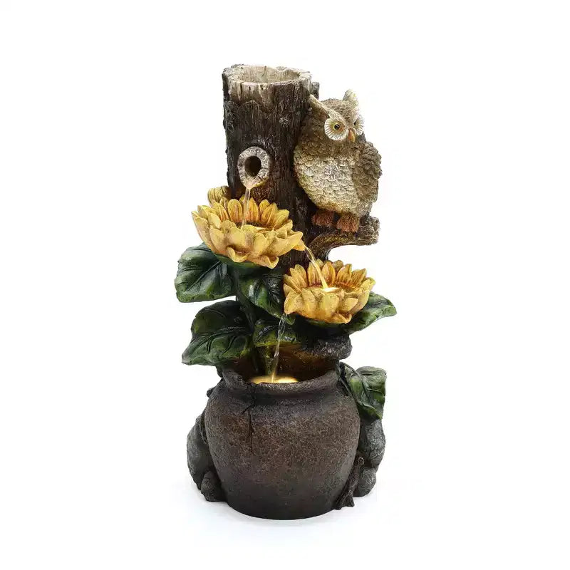 LuxenHome 28 Inch Outdoor Water Fountain, Owl and Sunflower Cascading Waterfall Fountain Outdoor and Indoor with LED Lights Brown